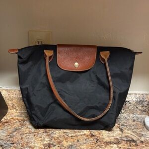 Longchamp Black Tote with Brown Accents